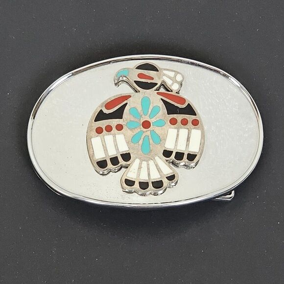 Thunderbird Bird Native American Peyote Southwest 80s Vintage Inlaid Belt Buckle - Picture 8 of 8
